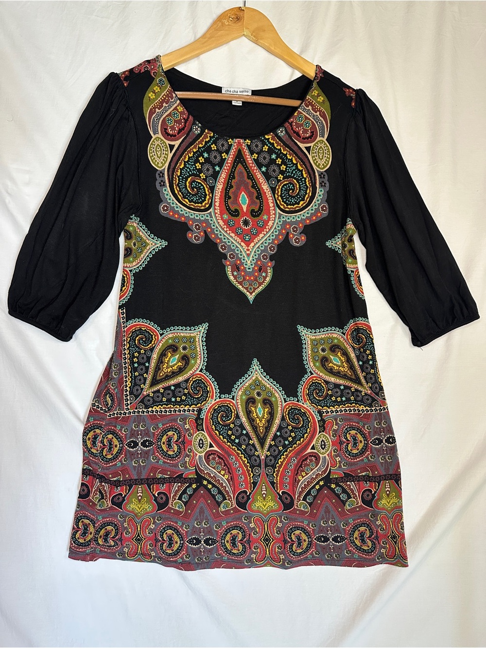 cha cha vente Black Dress with Red, Green and Yellow Paisley Accents